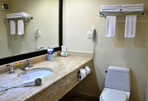 a bathroom with a sink and a toilet and a mirror at Hotel Terranova in Coatzacoalcos