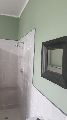 a bathroom with a shower and a mirror and a toilet at Porta Salutis in Port St Johns