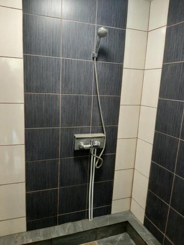 a shower in a bathroom with black and white tiles at Pas danielius in Ramučiai