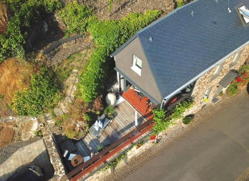 an overhead view of a house with a blue roof at Ferienhaus Goldstück wohnen im Weinberg in Pommern