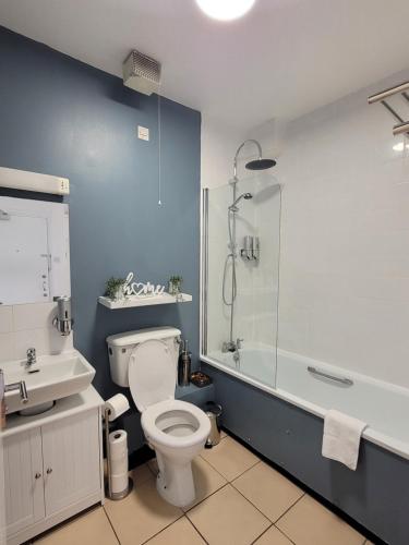 a bathroom with a toilet and a shower and a sink at Stunning 1 bedroom apartment in London in London