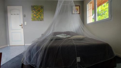 Schlafzimmer mit einem Bett mit Moskitonetz in der Unterkunft l'écureuil roux in Motteville