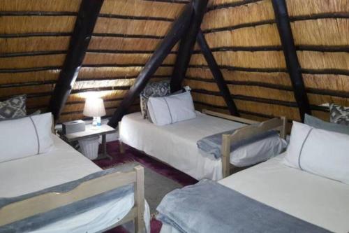 Zimmer mit 3 Betten und einem Tisch mit einer Lampe in der Unterkunft The Underberg Cottage in Underberg
