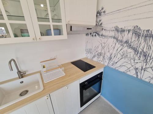 une cuisine avec un évier et un plan de travail dans l'établissement Maison 4 personnes La nouvelle vague, à La Guérinière