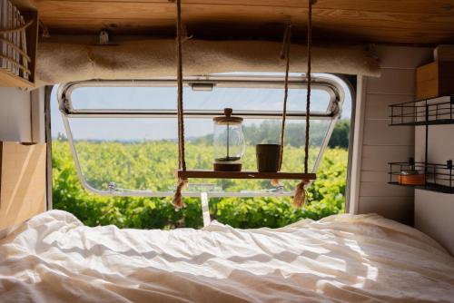 a bedroom with a bed and a window with a view at Nuit insolite au milieu des vignes in Goult