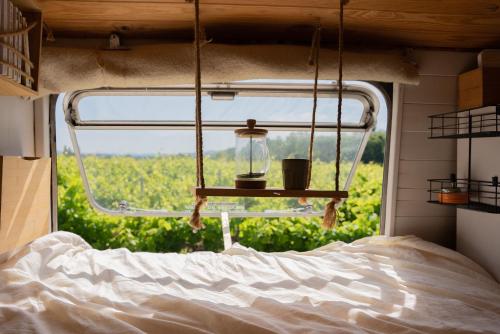 een slaapkamer met een bed en een raam met uitzicht bij Nuit insolite au milieu des vignes in Goult