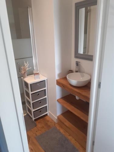 une salle de bain avec un lavabo et un miroir dans l'établissement Location maison 8 pers. avec spa - Morbihan, Theix, à Theix