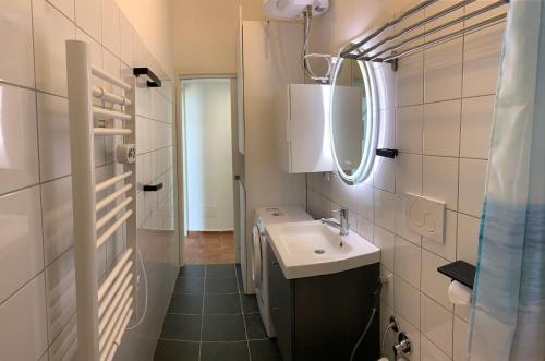een kleine badkamer met een wastafel en een spiegel bij Sole Vista Mare 999 in LʼAmericano