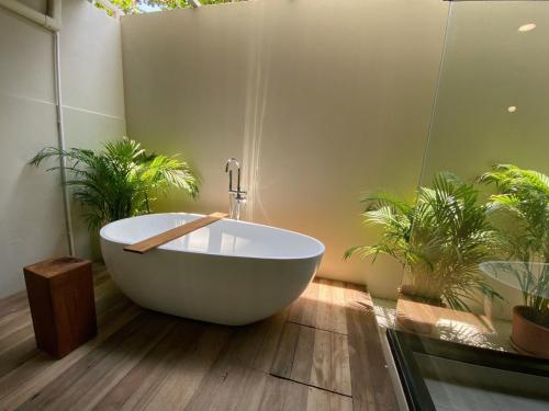 La salle de bains est pourvue d'une baignoire et de plantes en pot. dans l'établissement Suncloud Hotel Koh Samet, à Ko Samet