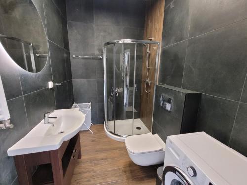 uma casa de banho com um chuveiro, um lavatório e um WC. em Apartament Longinówka em Brodnica