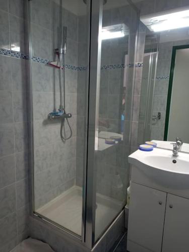une salle de bain avec douche et lavabo dans l'établissement Super appt bord de mer avec piscine, à Argelès-sur-Mer
