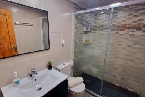 une salle de bain avec toilettes, lavabo et douche dans l'établissement Jardin playa del cura apartment, à Torrevieja