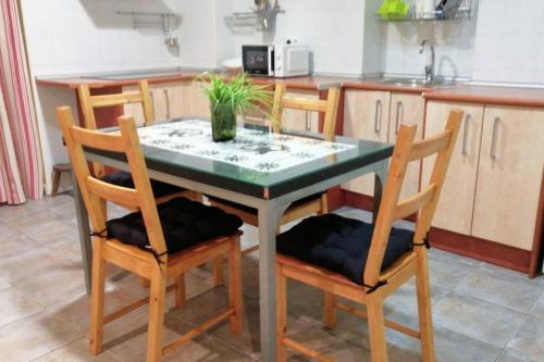 - une table avec des chaises et une plante en pot dans la cuisine dans l'établissement Loft en planta baja en Ciudad Rodrigo, à Ciudad-Rodrigo