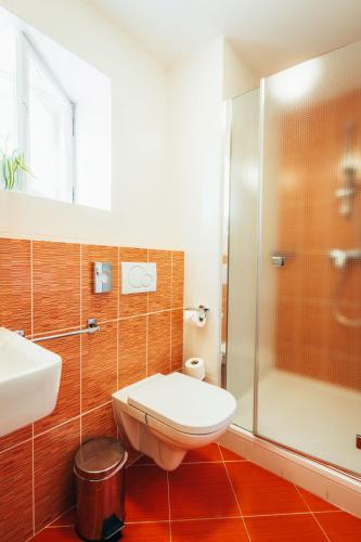 a bathroom with a toilet and a shower at Sv. Hubertus in Český Krumlov