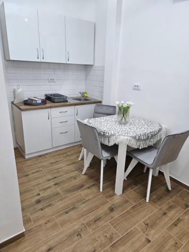 a kitchen with a table and chairs in a kitchen at Stan na dan Ilvento 2 in Vršac