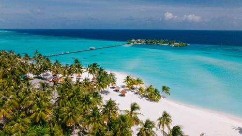 eine Luftblick auf einen Strand mit Palmen und das Meer in der Unterkunft Villa Park Sun Island Resort in Maamigili