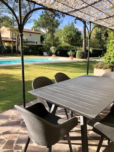 - une table et des chaises sous un parasol dans la cour dans l'établissement Villa St Endréol Golf & Spa I Piscine Chauffée I, à La Motte