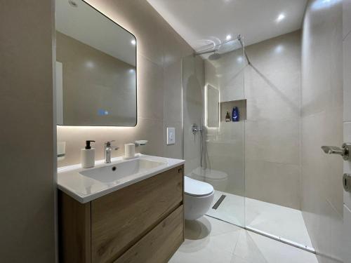uma casa de banho com um lavatório, um WC e um chuveiro em Myslym Shyri's Apartments em Tirana