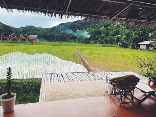 a patio with a view of a rice field at สะปันดีวิว Sapan Dee View บ่อเกลือ น่าน in Ban Huai Ti