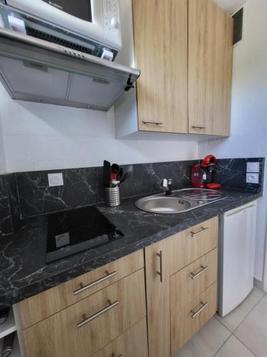 une cuisine avec un évier et un micro-ondes dans l'établissement Plage Studio 5 personnes St cyprien 66750, à Saint-Cyprien