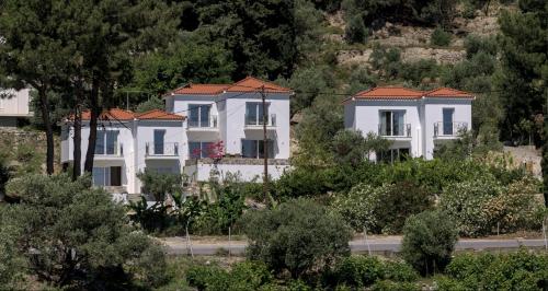 a row of houses on a hill with trees at Les Maisonettes in Kokkari
