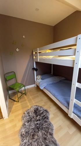 - une chambre avec 2 lits superposés et une chaise verte dans l'établissement Charmante maison bourguignonne avec grand jardin et parking, à Montbard