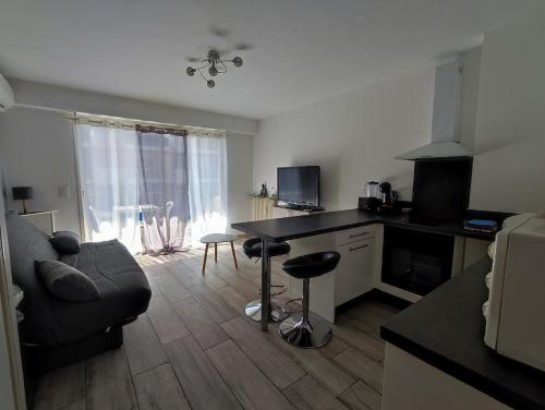 une cuisine et un salon avec une table et un canapé dans l'établissement Le puits aux fées, à Antibes