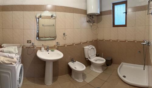 een badkamer met een wastafel, een toilet en een bidet bij Guri Guest House in Pogradec