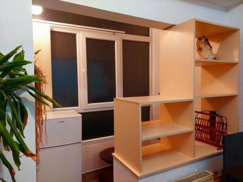 a book shelf in a room with a window at Apartman Ena in Sjenica