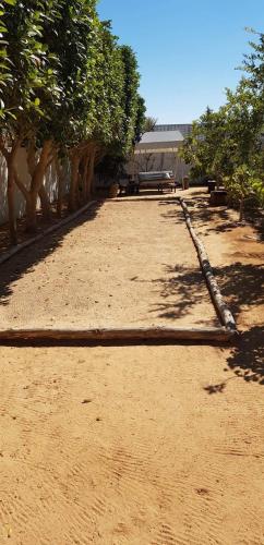 a log laying on the ground in a yard with trees at Chambre d'hôtes, Dar l'air du temps in Aghīr