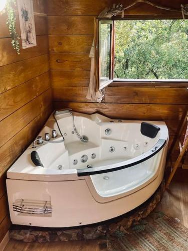 une baignoire dans une pièce avec une fenêtre dans l'établissement Les jardins d'Isa, à Tourves