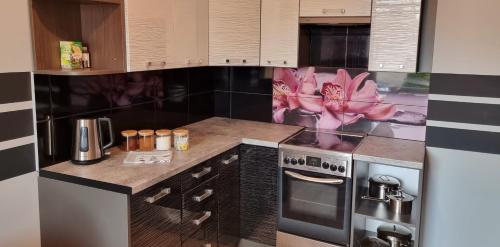 a kitchen with a counter with a stove top oven at Apartament G66 in Wydminy