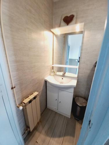 La salle de bains est pourvue d'un lavabo et d'un miroir. dans l'établissement Logement Cosy 58m2 centre ville, à Perpignan