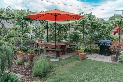 a picnic table with an umbrella in a garden at APARTMA LAMBERGER in Žirovnica