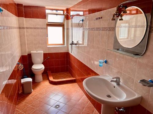 ein Badezimmer mit einem Waschbecken, einem WC und einem Spiegel in der Unterkunft Vila Sidi in Ksamil