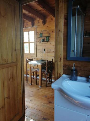 La salle de bains est pourvue d'un lavabo et d'une table dans une cabine. dans l'établissement Agréable chalet en bois et son extérieur, à Massay
