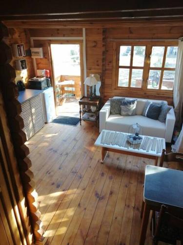 un salon avec un canapé et une table dans l'établissement Agréable chalet en bois et son extérieur, à Massay