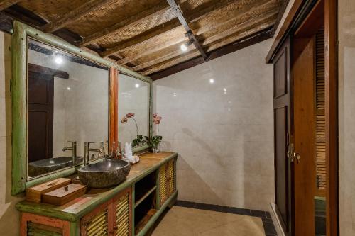 W łazience znajduje się umywalka i lustro. w obiekcie Roshan Ubud Villa w mieście Ubud