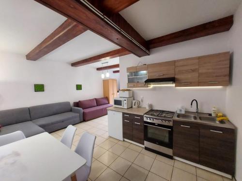eine Küche und ein Wohnzimmer mit einem Sofa und einem Tisch in der Unterkunft Mieszkanie nad jeziorem Rydzówka+prywatny staw+plaża+Mazury in Srokowo