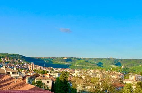 a view of a city with a river and a town at Tarnovo Studios City Center in Veliko Tŭrnovo