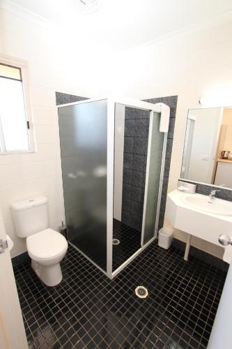 a bathroom with a shower and a toilet and a sink at Mildura Riverview Motel in Gol Gol