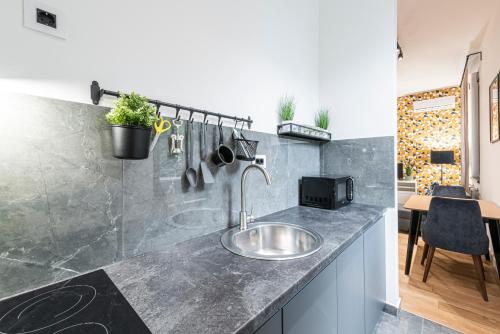 una cocina con fregadero y encimera en VERTIGO Modern Studio-Free private parking-Fast Wi-Fi, en Novi Sad