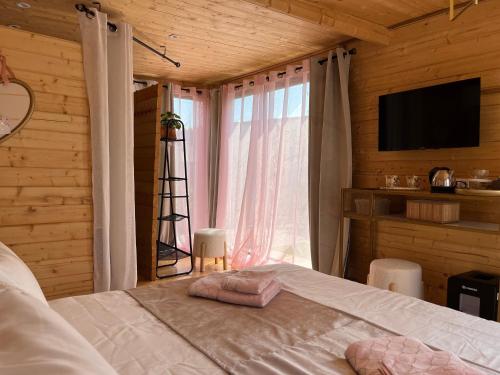 um quarto com uma cama, uma televisão e uma janela em Cosy love Room em Les Arcs sur Argens