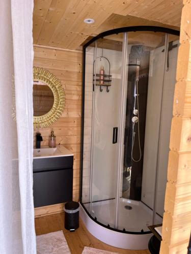 uma casa de banho com um chuveiro e um lavatório. em Cosy love Room em Les Arcs sur Argens