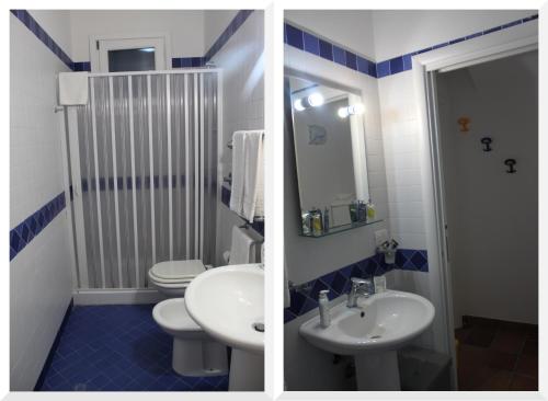 2 immagini di un bagno con lavandino e servizi igienici di Appartamenti Mirabella a Favignana