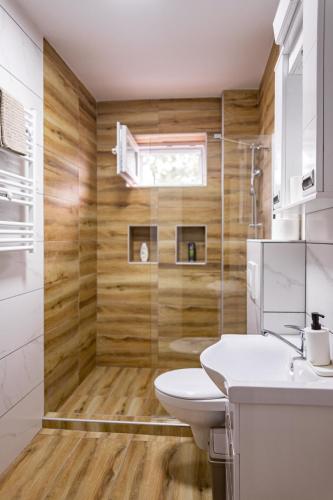a bathroom with a toilet and a shower at Charna apartment Beograd Železnik in Železnik