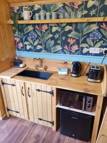 a small kitchen with a sink and a microwave at Woodie the shepherds hut - sleeps 4 in Chichester