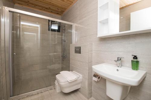 a bathroom with a toilet and a sink and a shower at Beyoglu Pansiyon in Patara