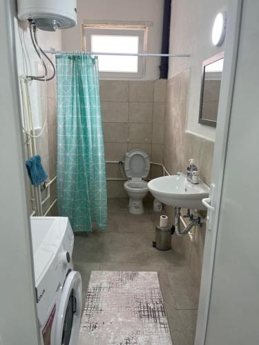 een badkamer met een toilet, een wastafel en een douche bij Apartment-Rubin in Pristina