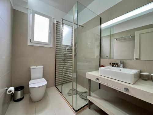 a bathroom with a toilet and a sink and a shower at Alea Villa in Skala Rachoniou